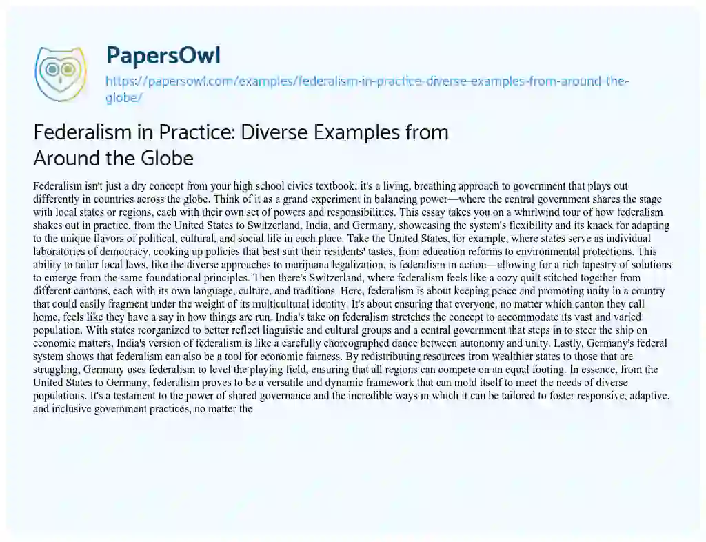 Essay on Federalism in Practice: Diverse Examples from Around the Globe