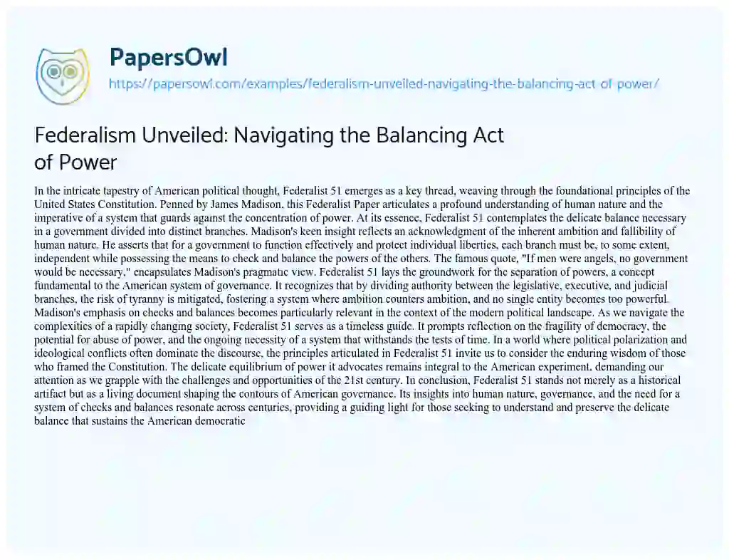 Essay on Federalism Unveiled: Navigating the Balancing Act of Power
