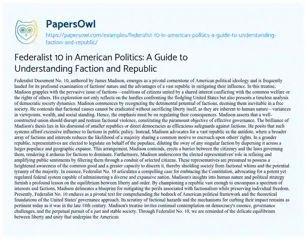 Essay on Federalist 10 in American Politics: a Guide to Understanding Faction and Republic