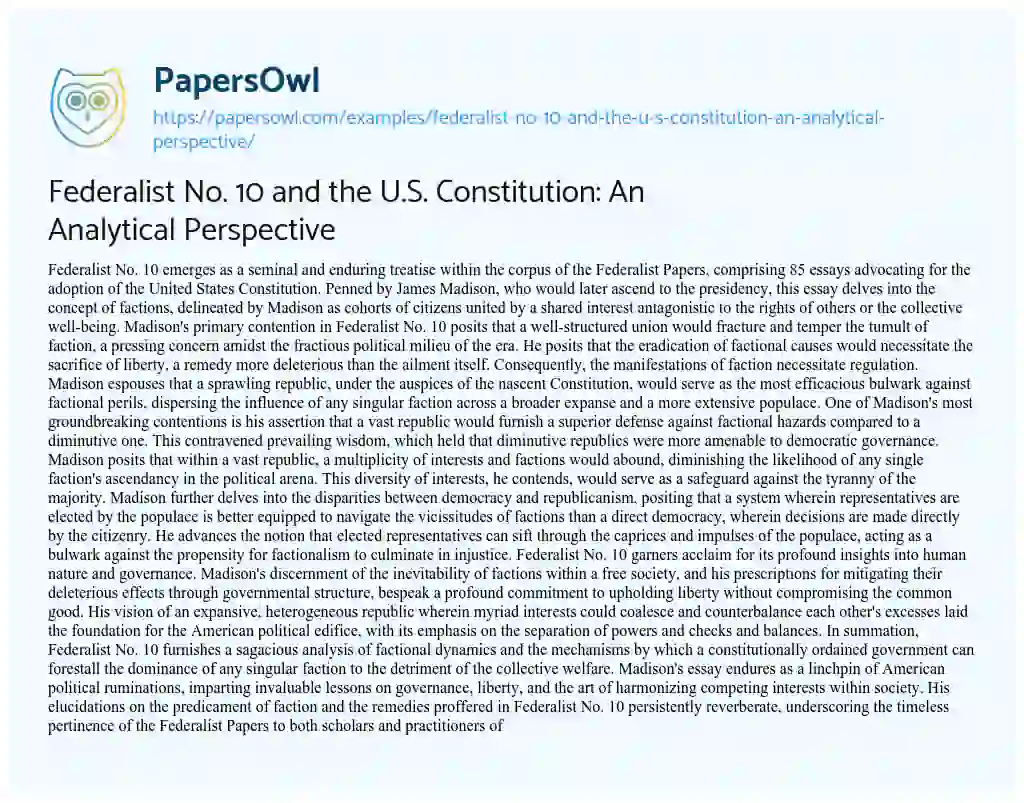 Essay on Federalist No. 10 and the U.S. Constitution: an Analytical Perspective
