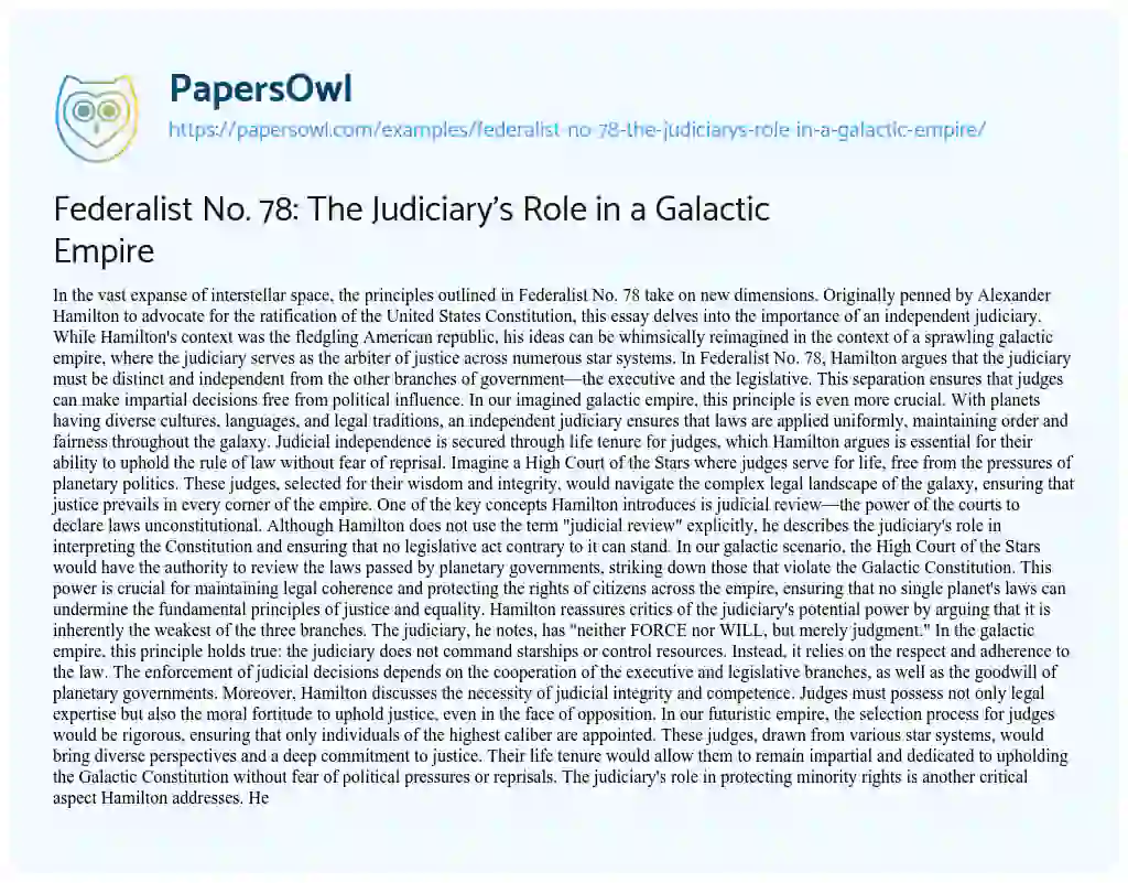 Essay on Federalist No. 78: the Judiciary’s Role in a Galactic Empire