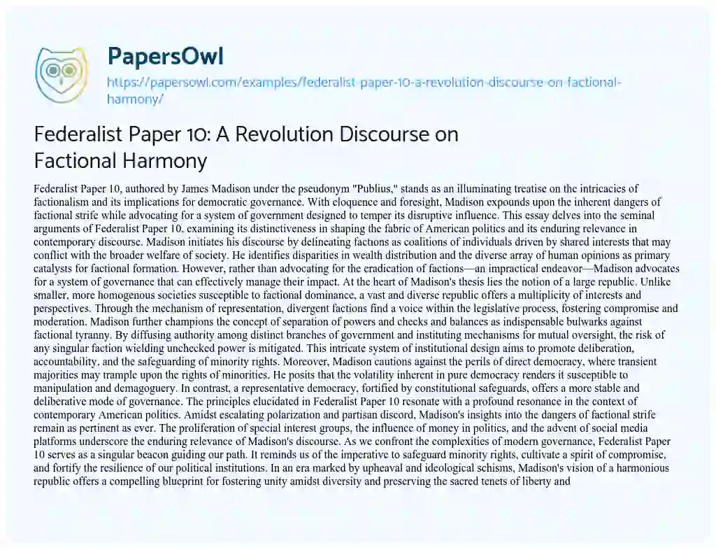 Essay on Federalist Paper 10: a Revolution Discourse on Factional Harmony