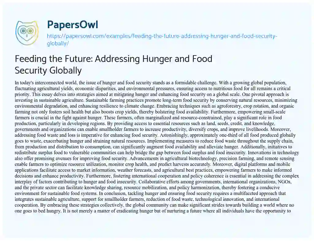 Essay on Feeding the Future: Addressing Hunger and Food Security Globally