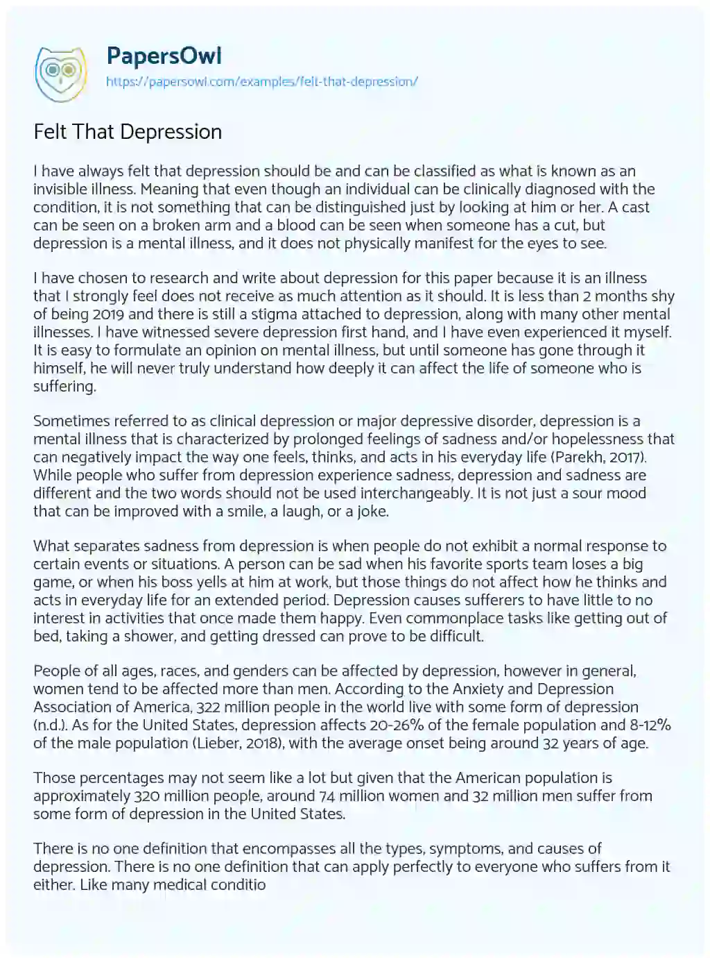 essay on depression example