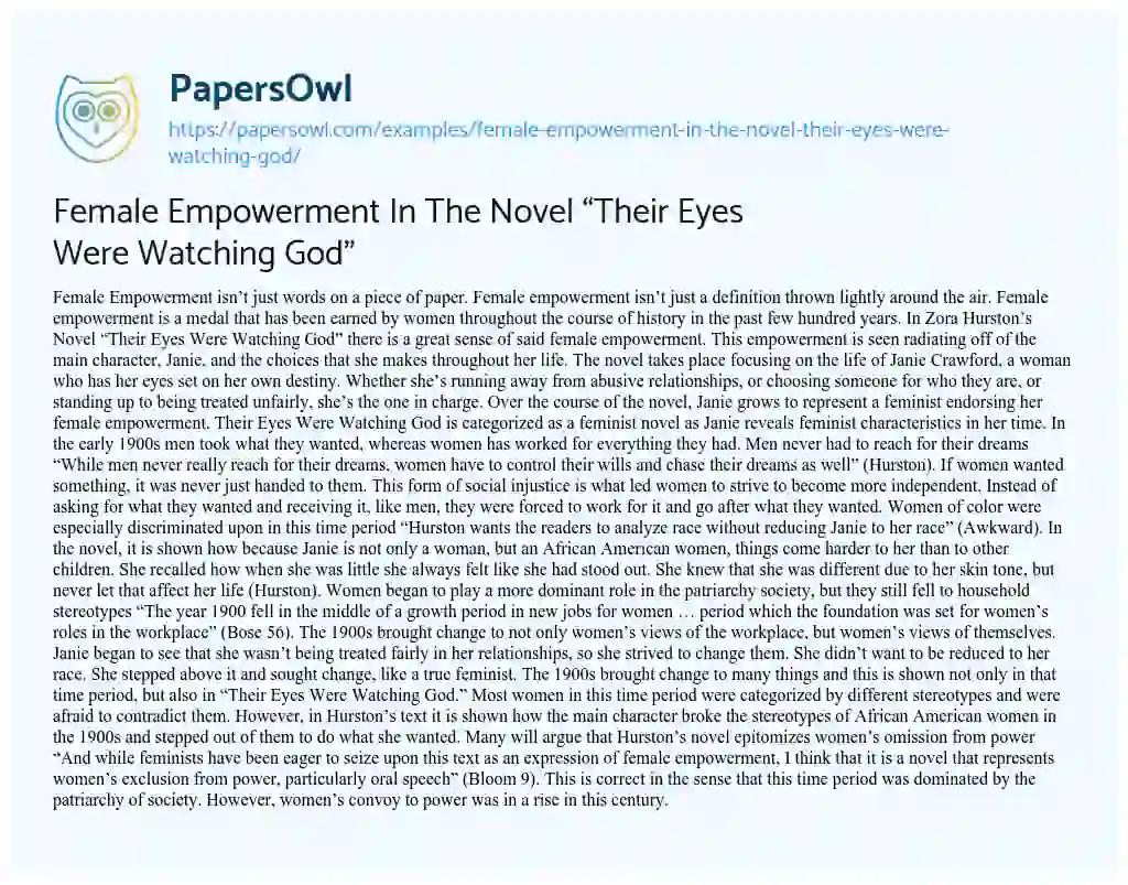 Essay on Female Empowerment in the Novel “Their Eyes were Watching God”