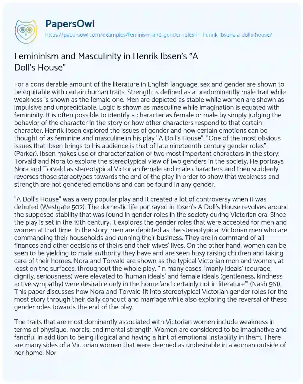Femininism and Masculinity in Henrik Ibsen’s “A Doll’s House” essay