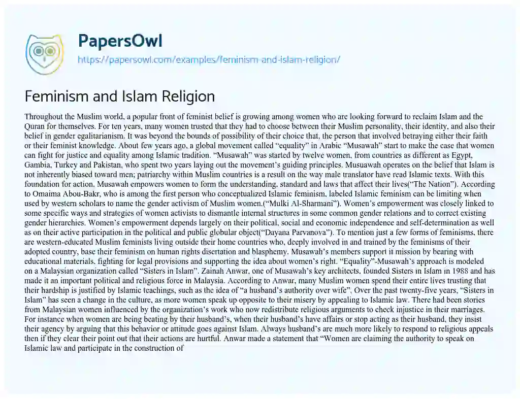 Essay on Feminism and Islam Religion