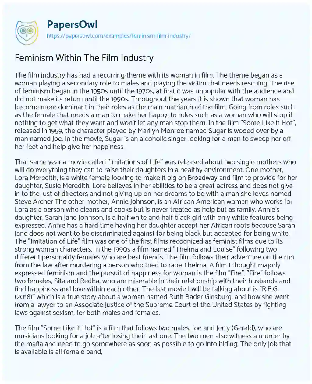Essay on Feminism Within the Film Industry