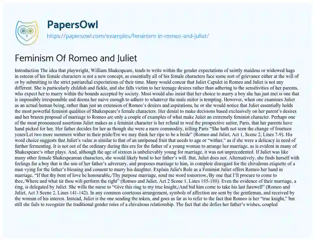 Essay on Feminism of Romeo and Juliet