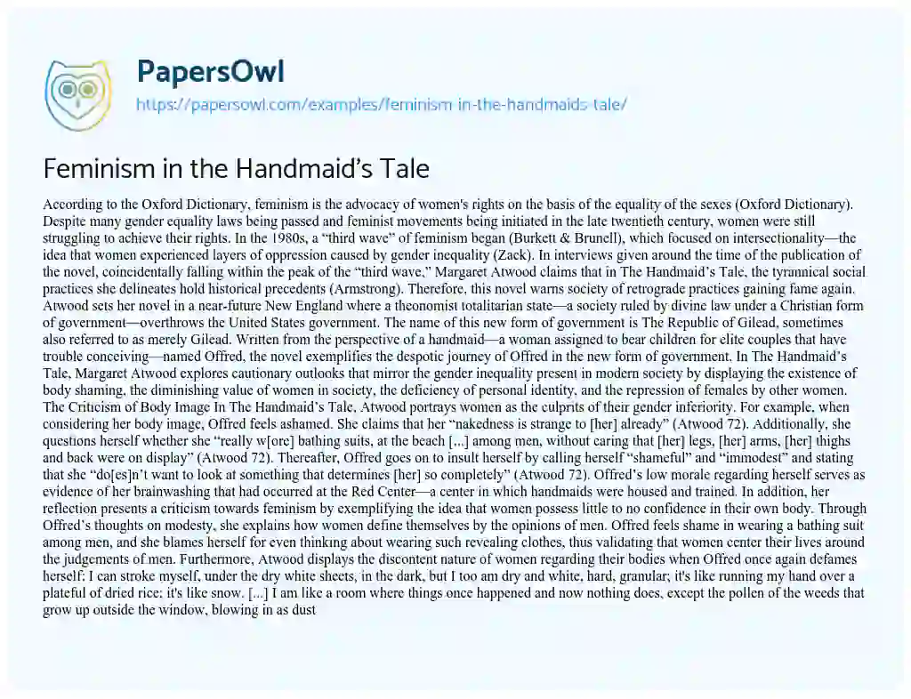 Essay on Feminism in the Handmaid’s Tale