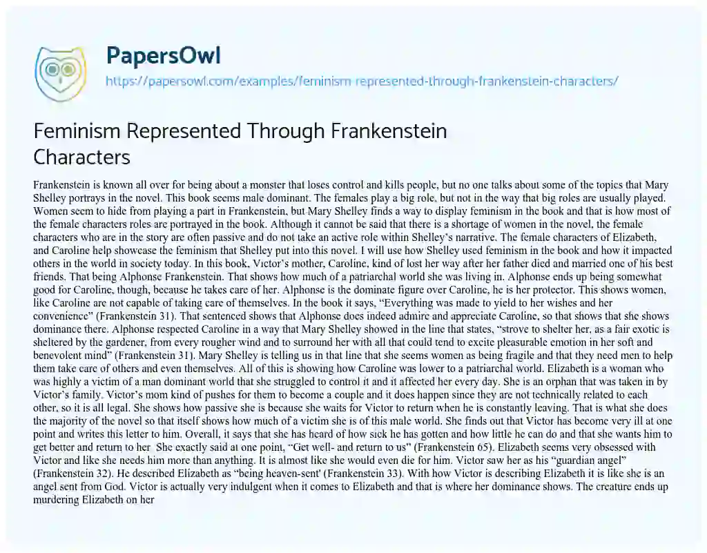 Essay on Feminism Represented through Frankenstein Characters