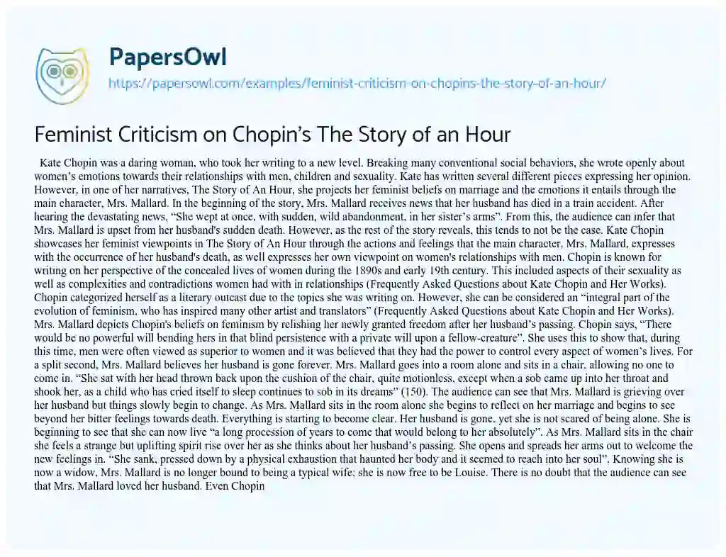 Essay on Feminist Criticism on Chopin’s the Story of an Hour