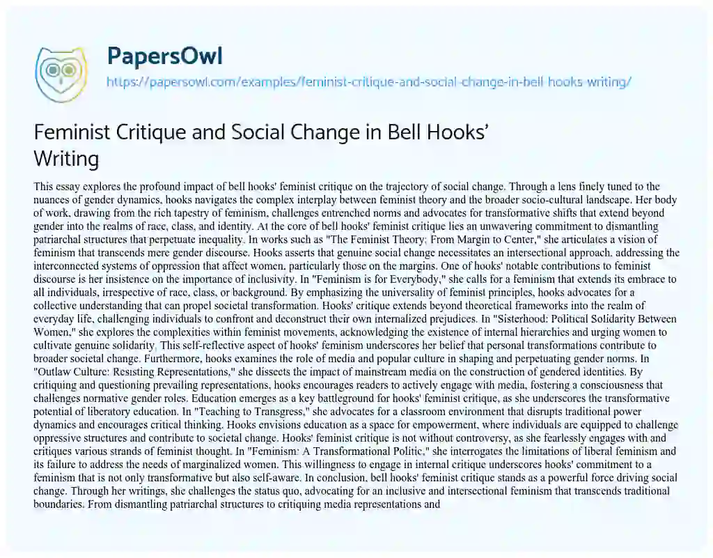 Essay on Feminist Critique and Social Change in Bell Hooks’ Writing