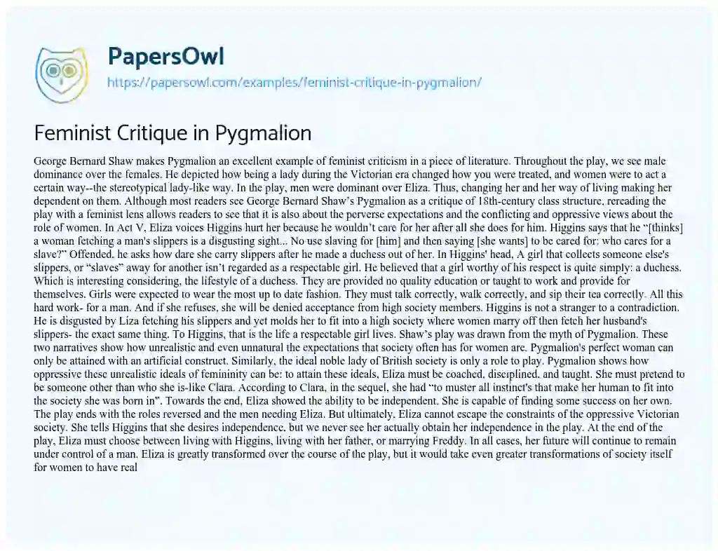 Essay on Feminist Critique in Pygmalion