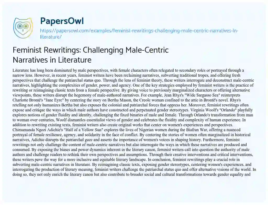 Essay on Feminist Rewritings: Challenging Male-Centric Narratives in Literature