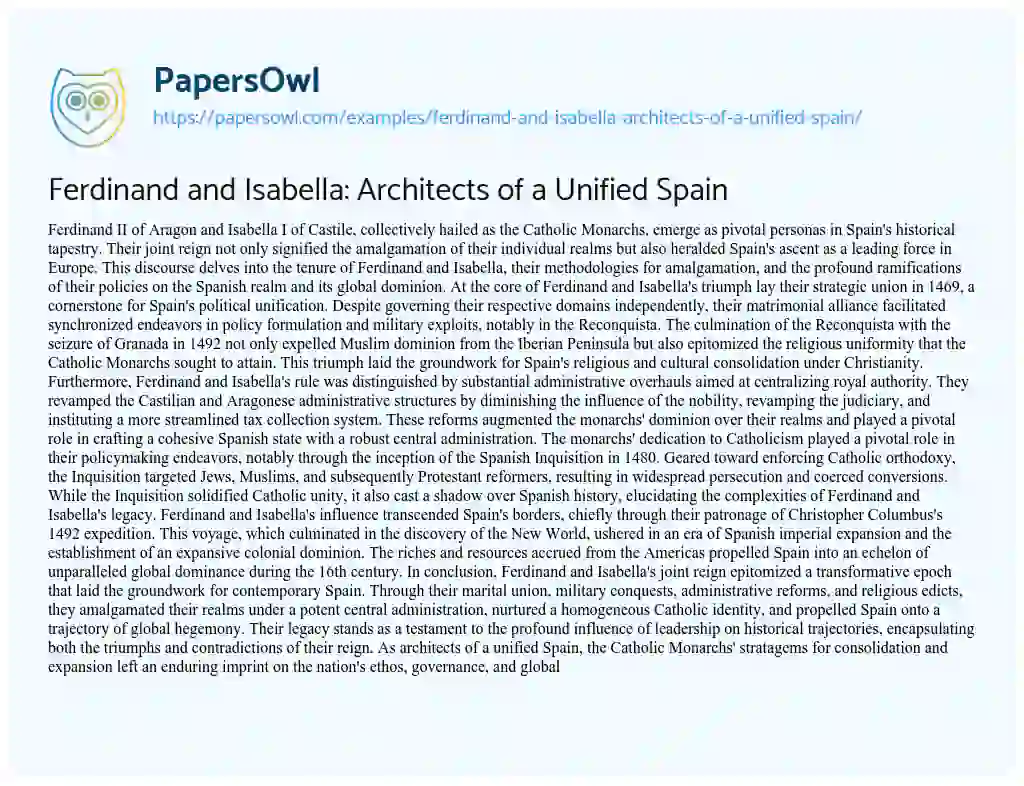 Essay on Ferdinand and Isabella: Architects of a Unified Spain