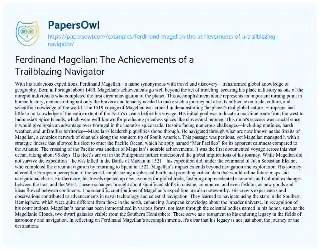 Essay on Ferdinand Magellan: the Achievements of a Trailblazing Navigator