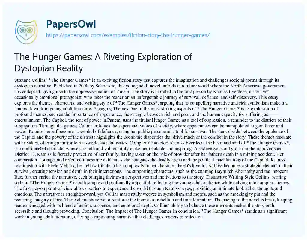 Essay on Fiction Story “The Hunger Games”