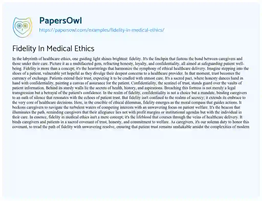 Essay on Fidelity in Medical Ethics