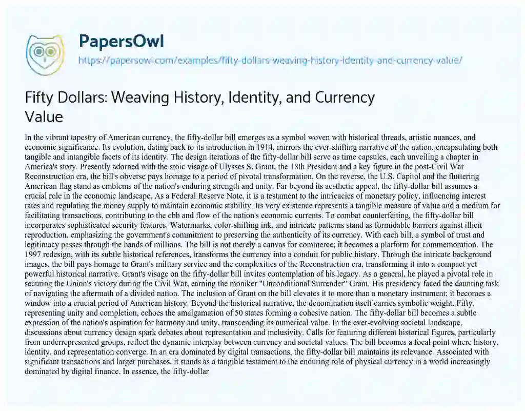Essay on Fifty Dollars: Weaving History, Identity, and Currency Value