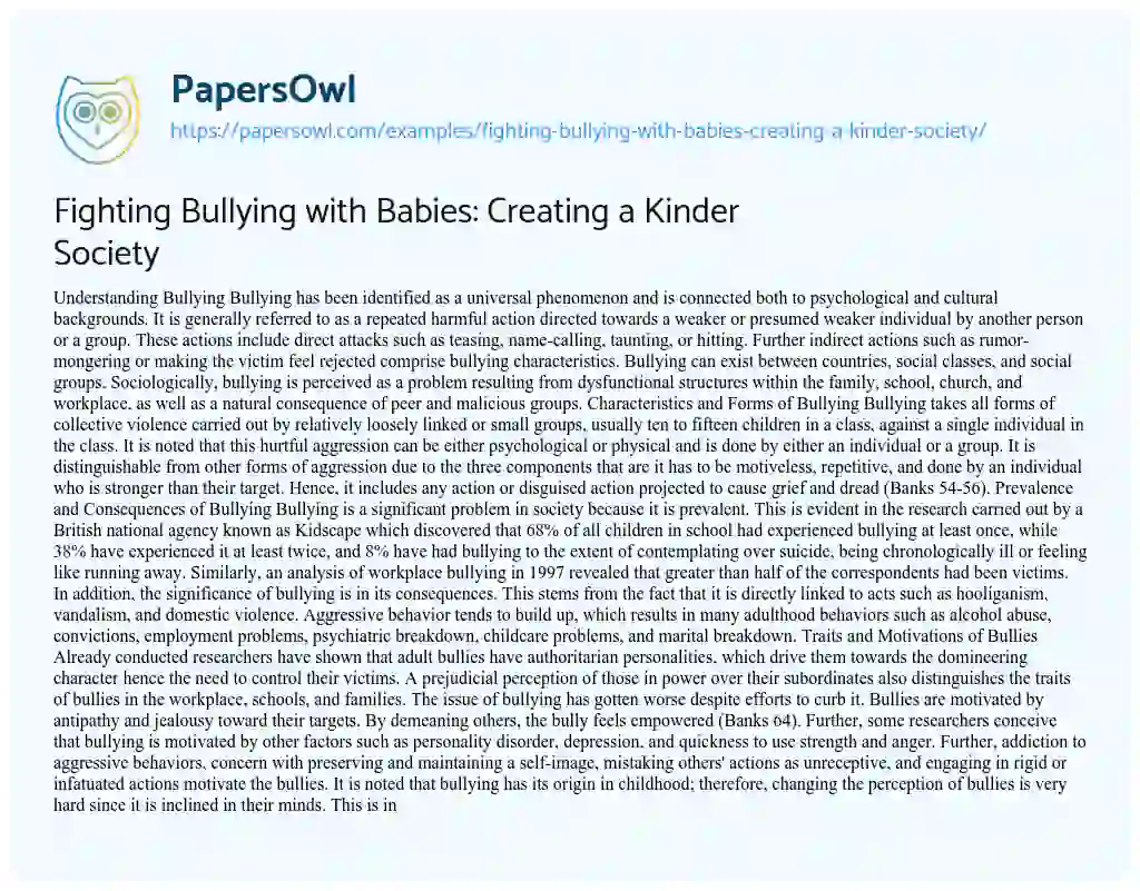 Fighting Bullying with Babies: Creating a Kinder Society - Free Essay ...