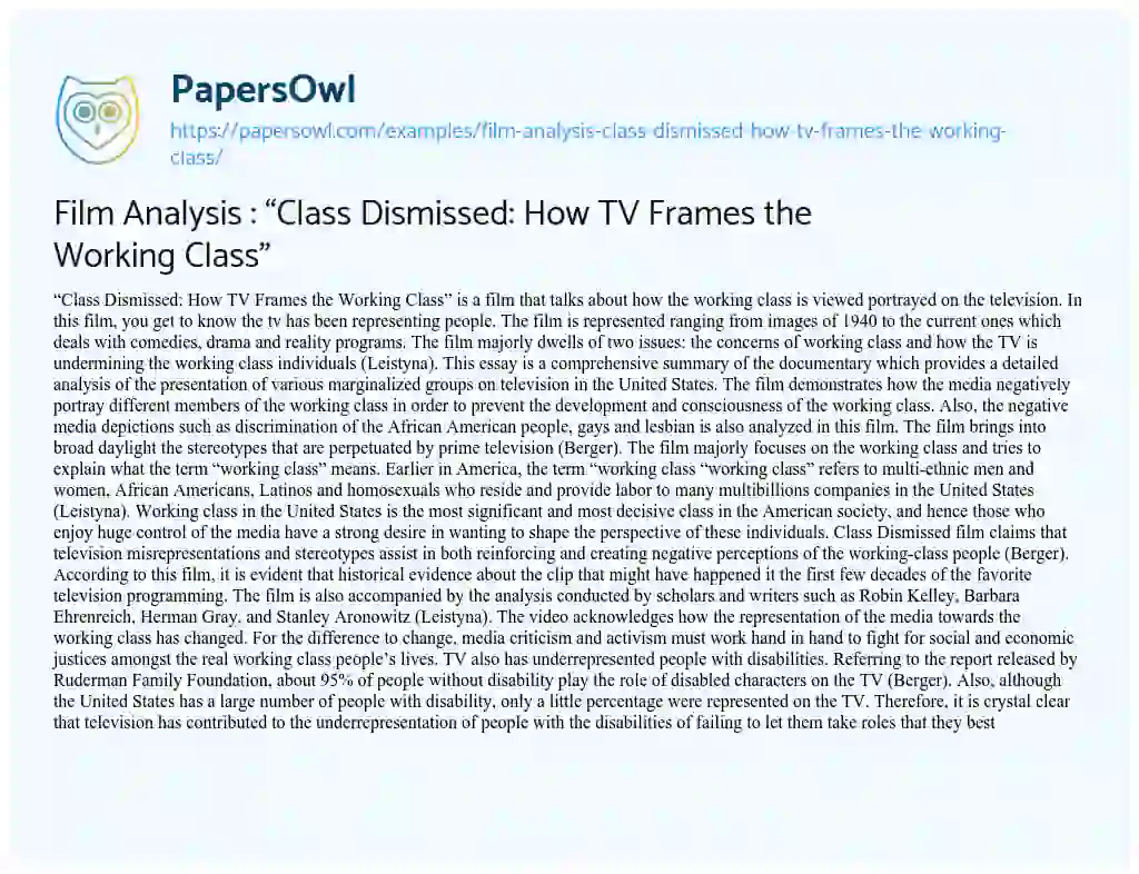 Essay on Film Analysis : “Class Dismissed: how TV Frames the Working Class”