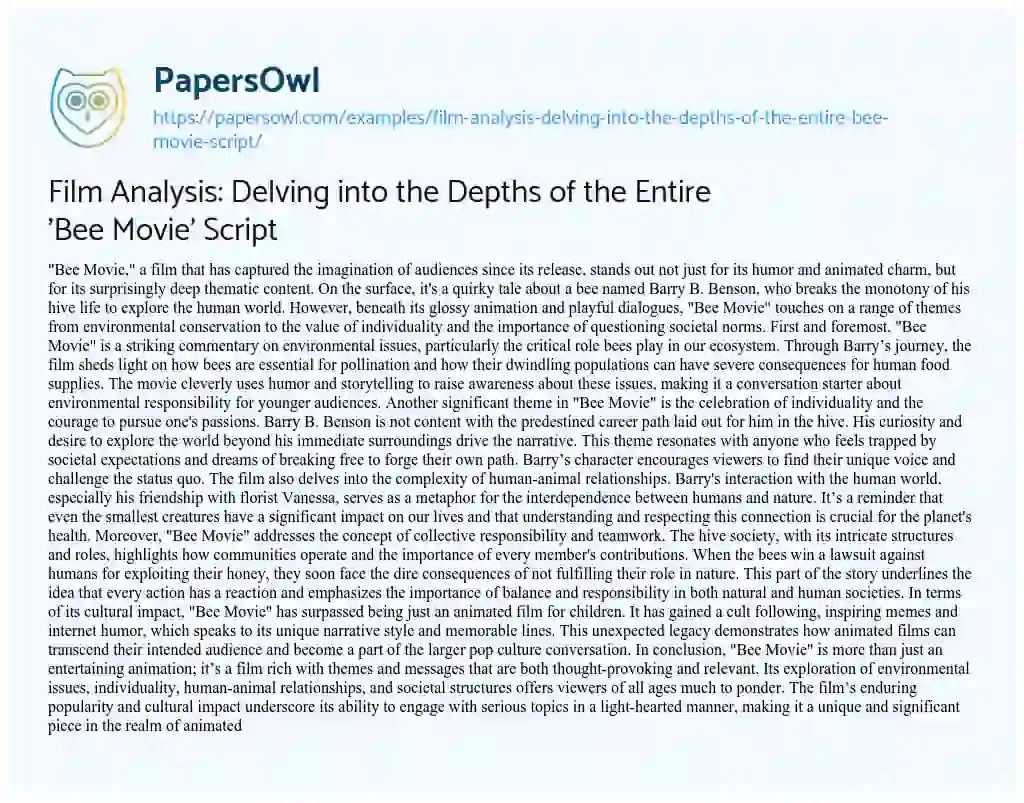 Essay on Film Analysis: Delving into the Depths of the Entire ‘Bee Movie’ Script