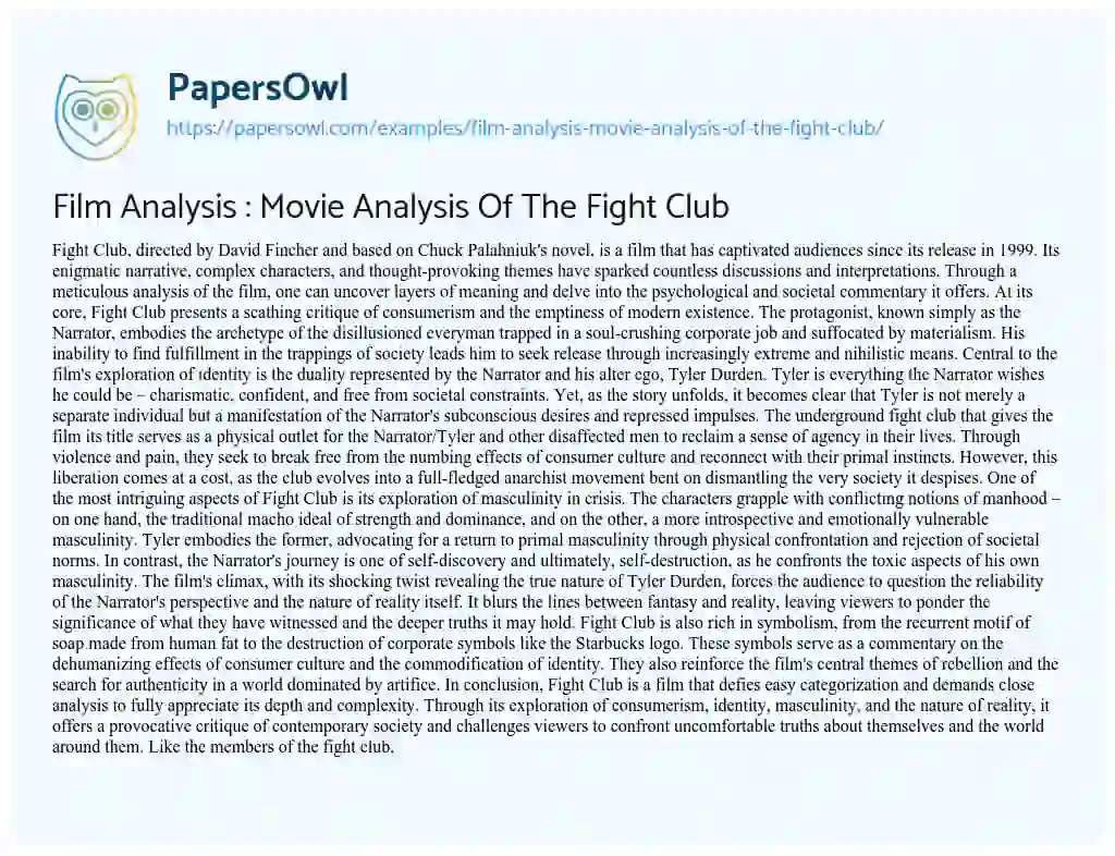 Essay on Film Analysis : Movie Analysis of the Fight Club