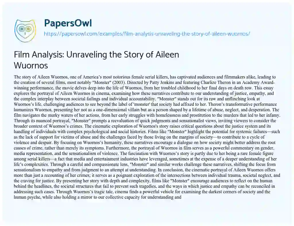Essay on Film Analysis: Unraveling the Story of Aileen Wuornos