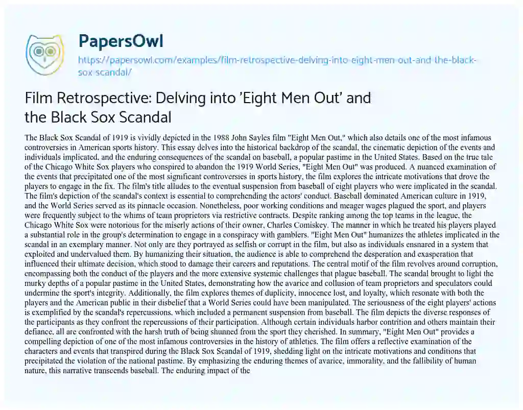 Essay on Film Retrospective: Delving into ‘Eight Men Out’ and the Black Sox Scandal