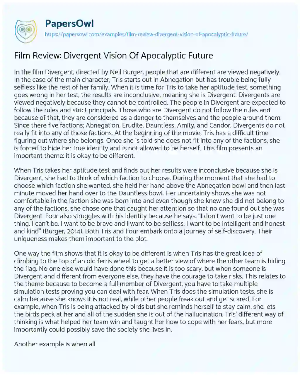 Essay on Film Review: Divergent Vision of Apocalyptic Future