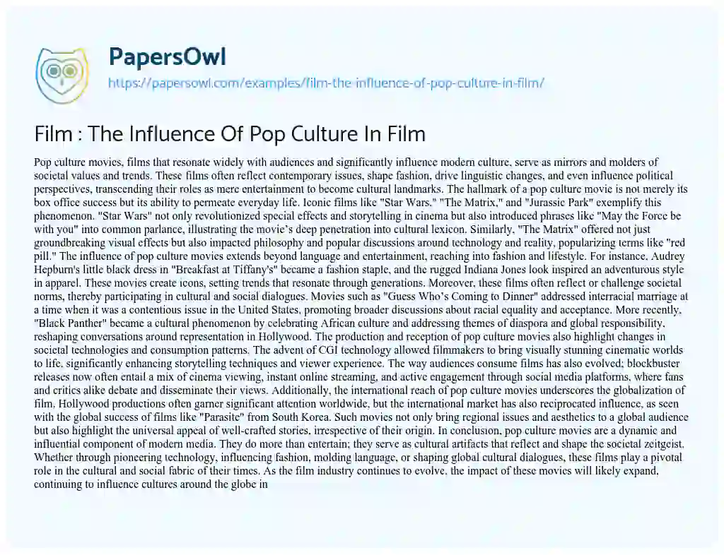 Essay on Film : the Influence of Pop Culture in Film