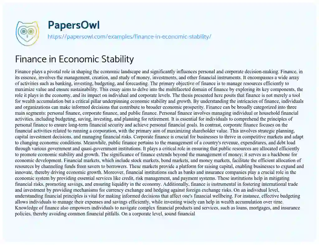 Essay on Finance in Economic Stability