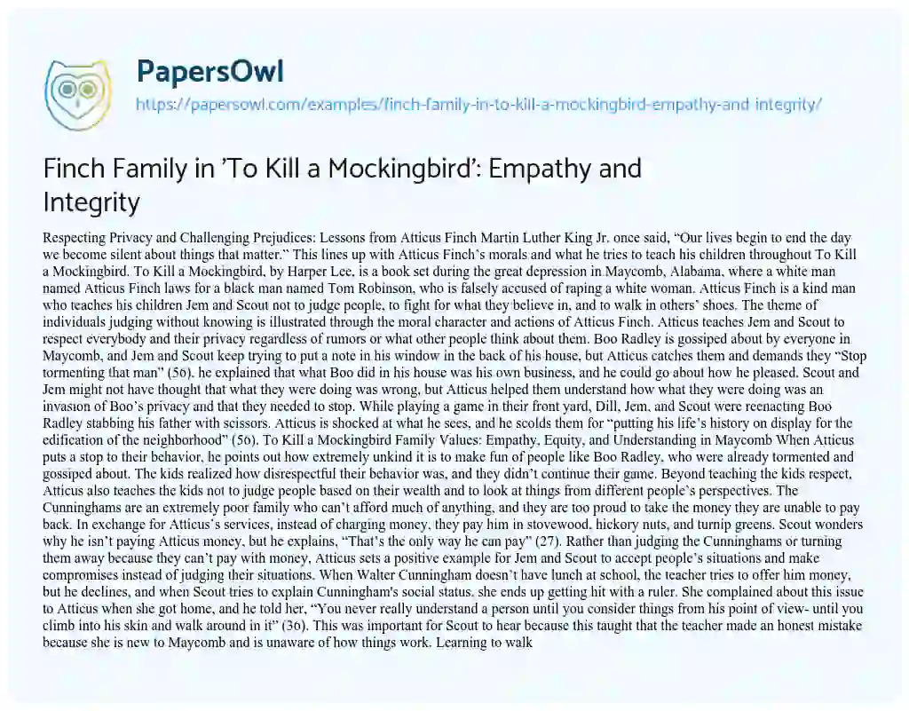 Essay on Finch Family in ‘To Kill a Mockingbird’: Empathy and Integrity