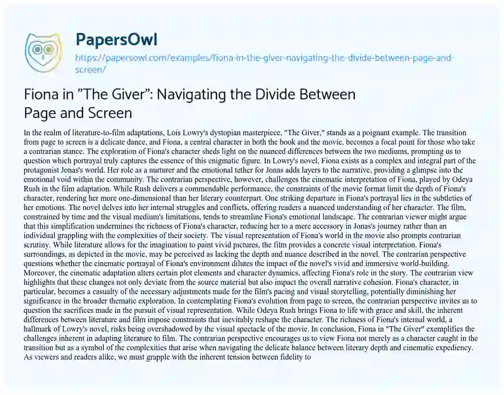 Essay on Fiona in “The Giver”: Navigating the Divide between Page and Screen