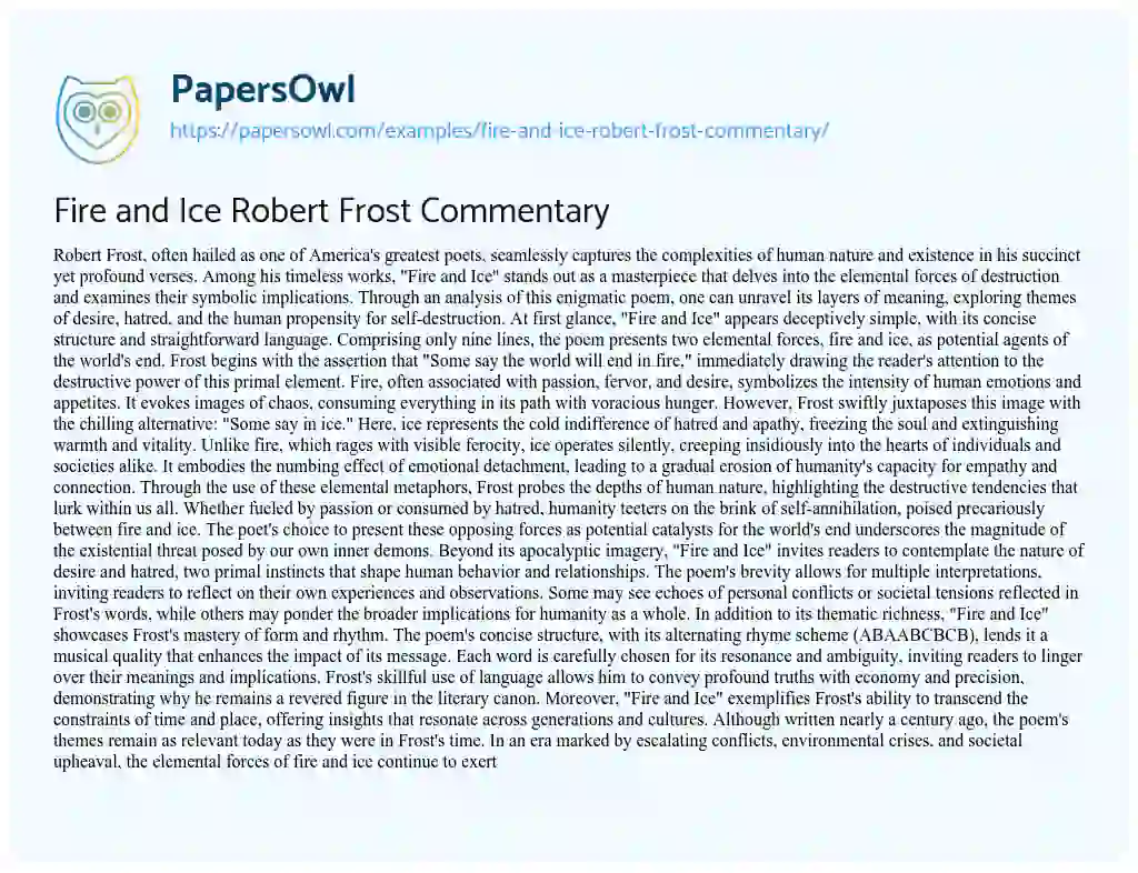 Essay on Fire and Ice Robert Frost Commentary