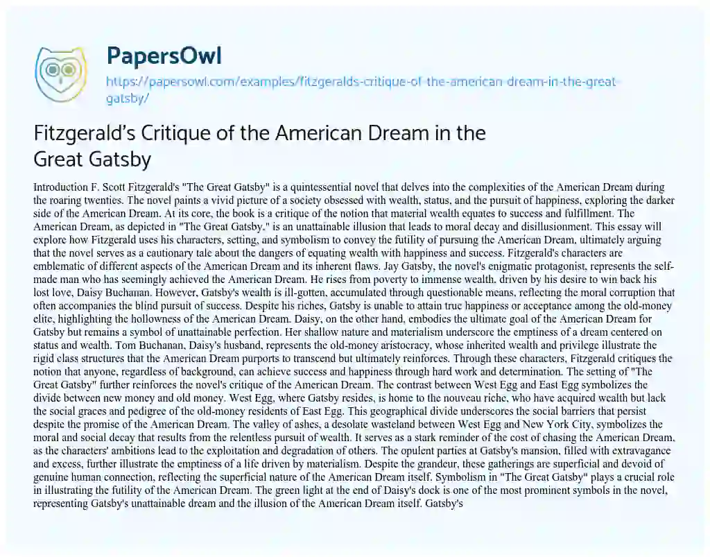 Essay on Fitzgerald’s Critique of the American Dream in the Great Gatsby