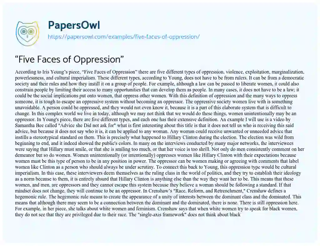 Essay on “Five Faces of Oppression”