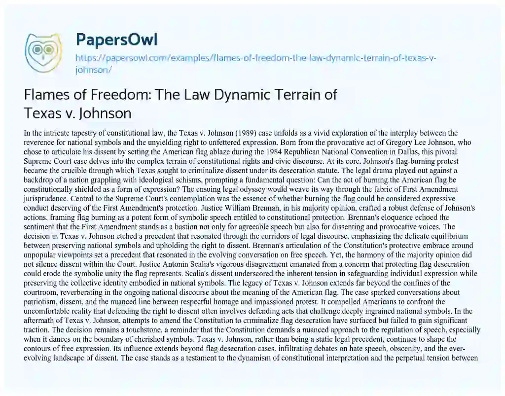 Essay on Flames of Freedom: the Law Dynamic Terrain of Texas V. Johnson