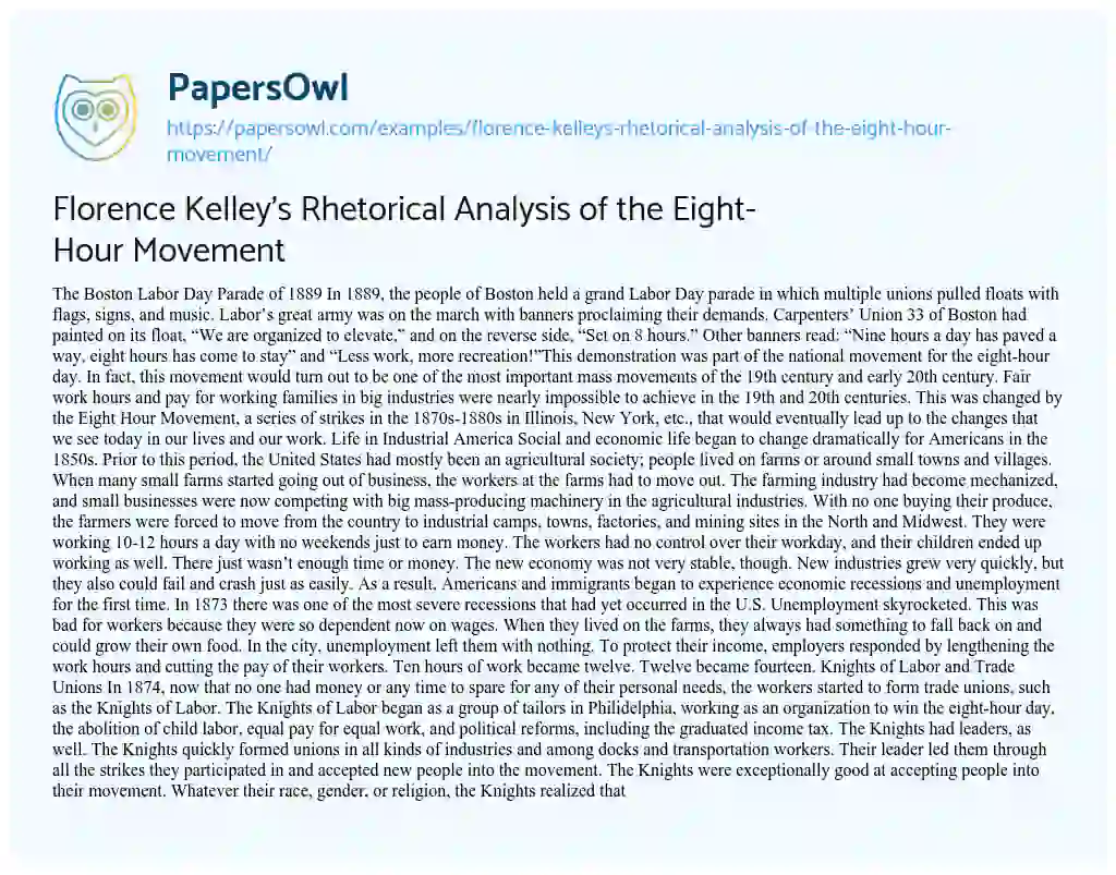 Essay on Florence Kelley’s Rhetorical Analysis of the Eight-Hour Movement