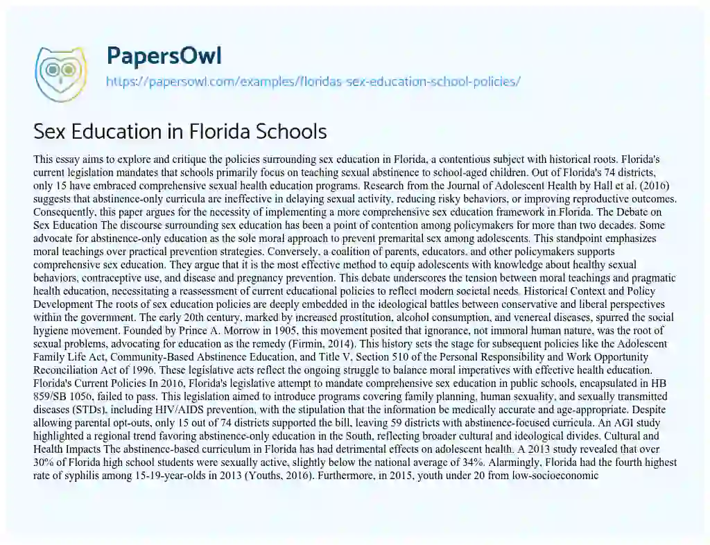 Essay on Florida’s Sex Education School Policies