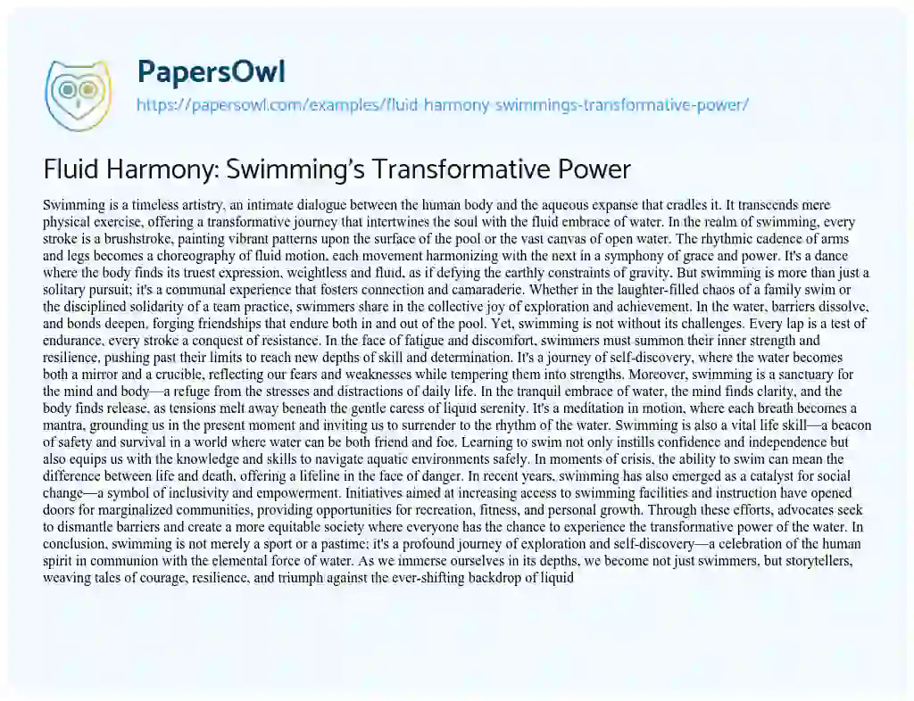 Essay on Fluid Harmony: Swimming’s Transformative Power