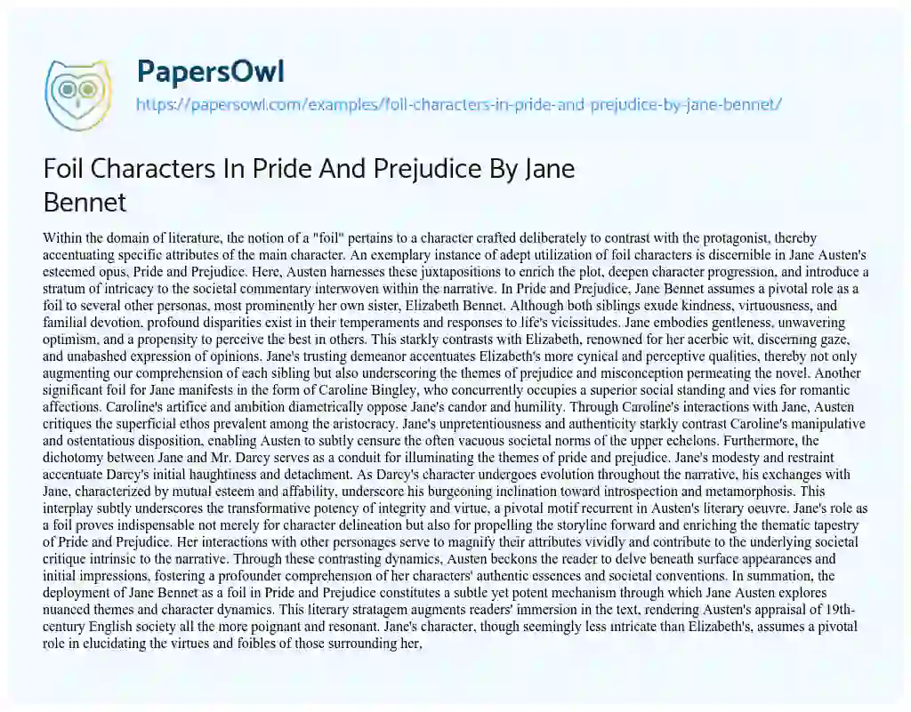 Essay on Foil Characters in Pride and Prejudice by Jane Bennet