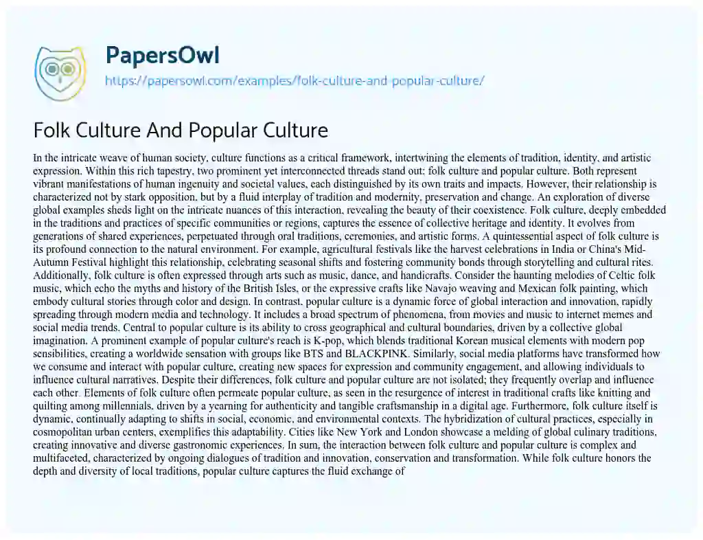 Essay on Folk Culture and Popular Culture