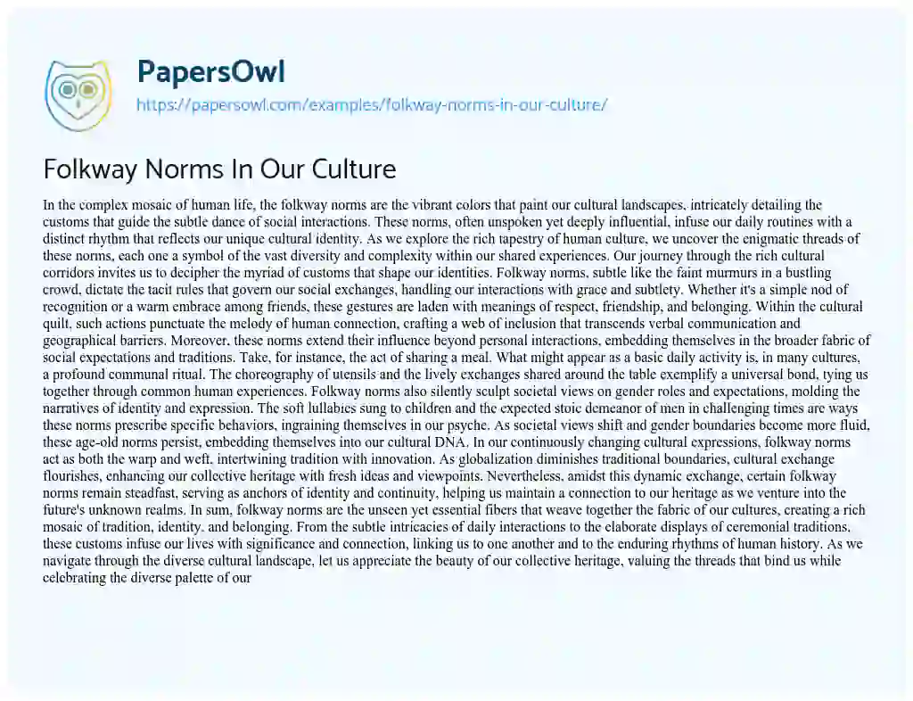 Essay on Folkway Norms in our Culture
