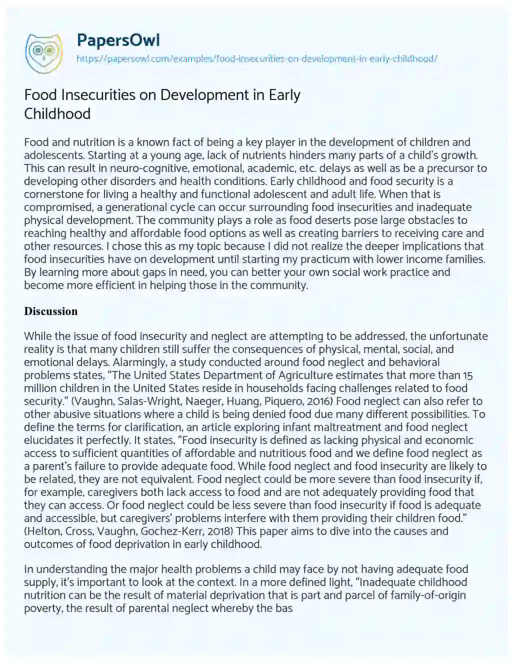 Food Insecurities on Development in Early Childhood essay
