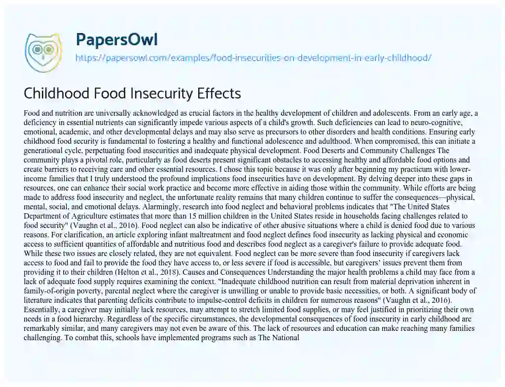 Essay on Food Insecurities on Development in Early Childhood