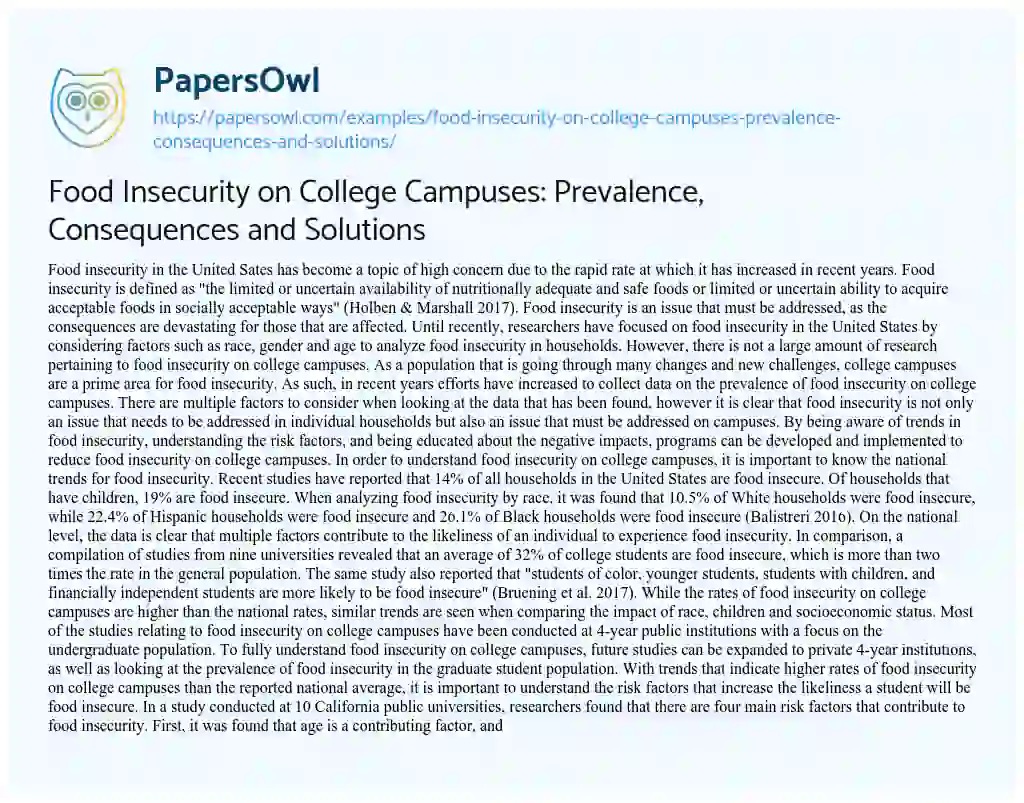 Essay on Food Insecurity on College Campuses: Prevalence, Consequences and Solutions