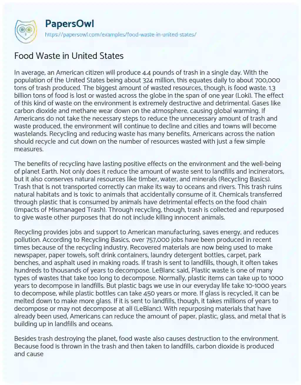 Essay on Food Waste in United States