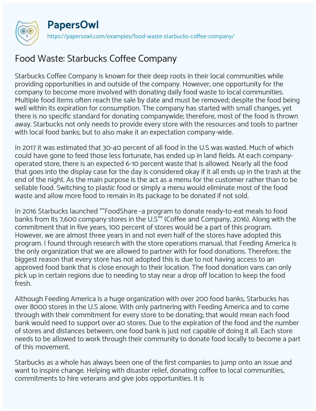 Essay on Food Waste: Starbucks Coffee Company